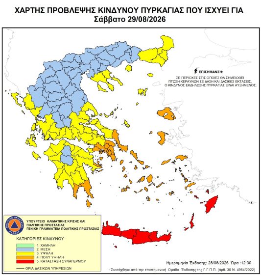 Σε κατάσταση συναγερμού για κίνδυνο πυρκαγιάς όλη η Κρήτη το Σάββατο 29 Αυγούστου 2026