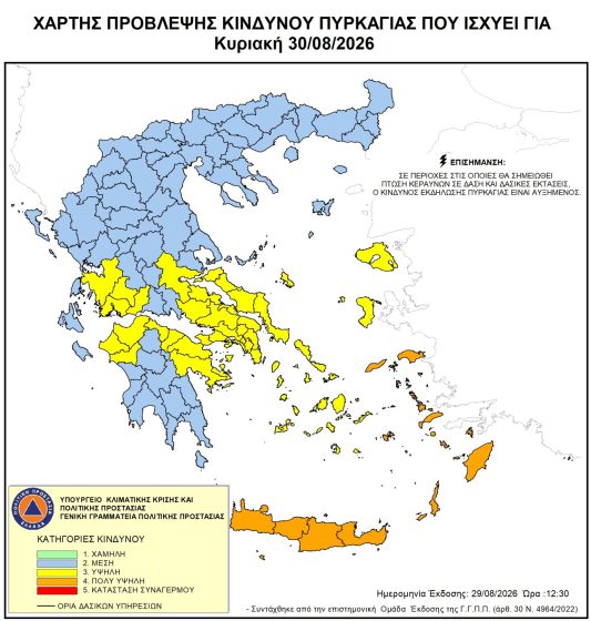 Πολύ υψηλός κίνδυνος πυρκαγιάς την Κυριακή 30 Αυγούστου 2026 σε όλη την Κρήτη
