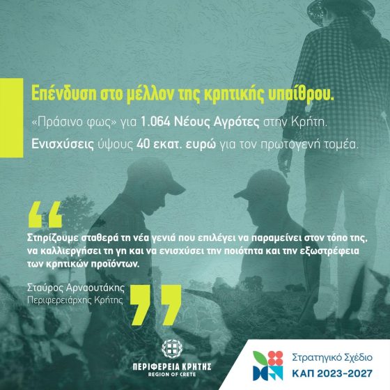 Στ. Αρναουτάκης: Επένδυση στο μέλλον της κρητικής υπαίθρου». «Πράσινο φως» για 1.064 Νέους Αγρότες στην Κρήτη. Ενισχύσεις ύψους 40 εκατ. ευρώ για τον πρωτογενή τομέα